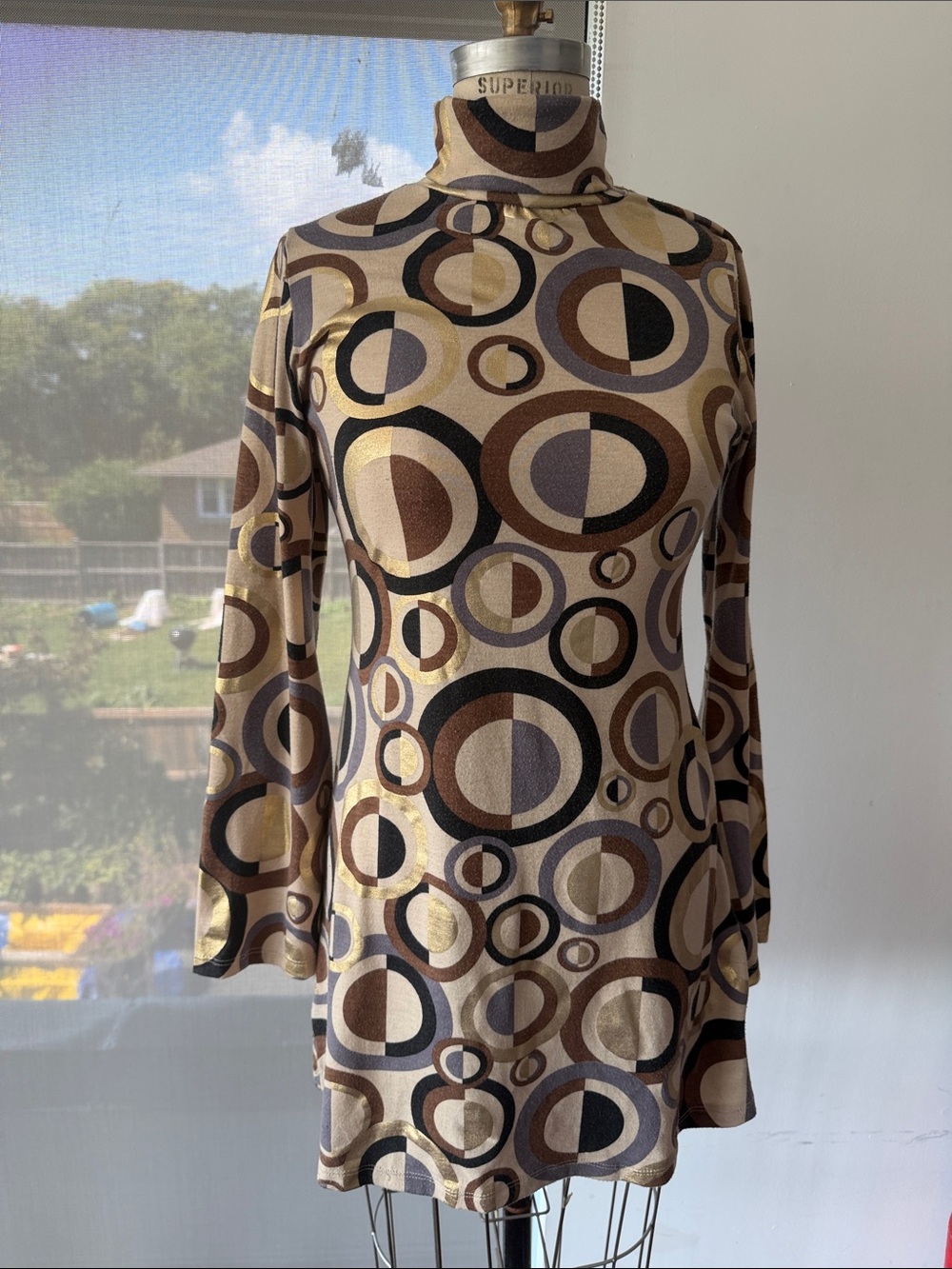 Zara Vintage Beige Brown Gold Black Geo Circle Turtleneck Tunic